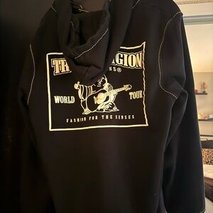 True Religion Black Hoodie with Cream Graphic Back Print - Men